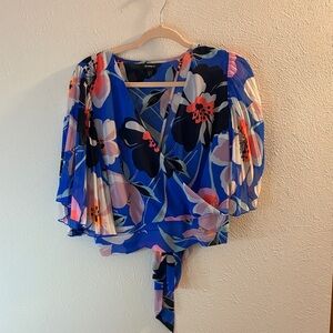 Express Floral Wrap Crop Top - Blue and Pink